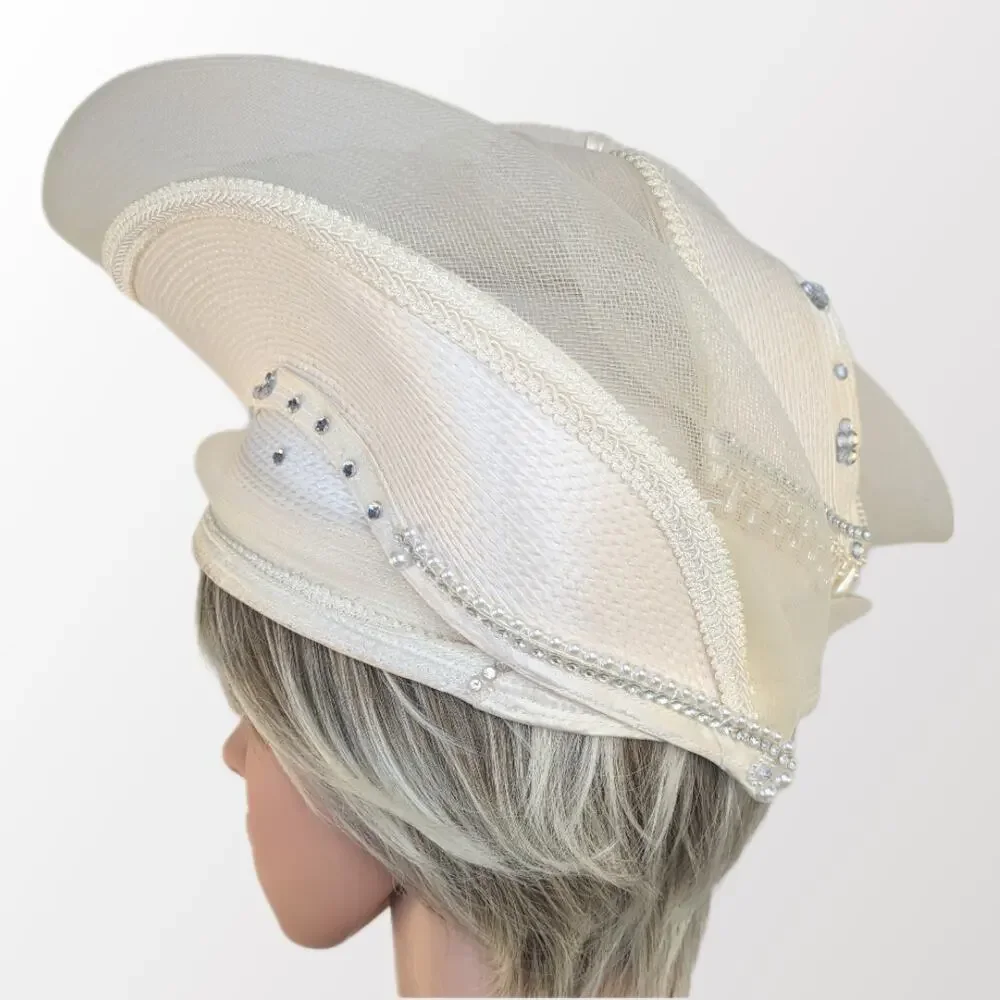 VTG 50s Fascinator Hat MCM Ivory Upsweep Woven Rhinestone Pearl Church Derby